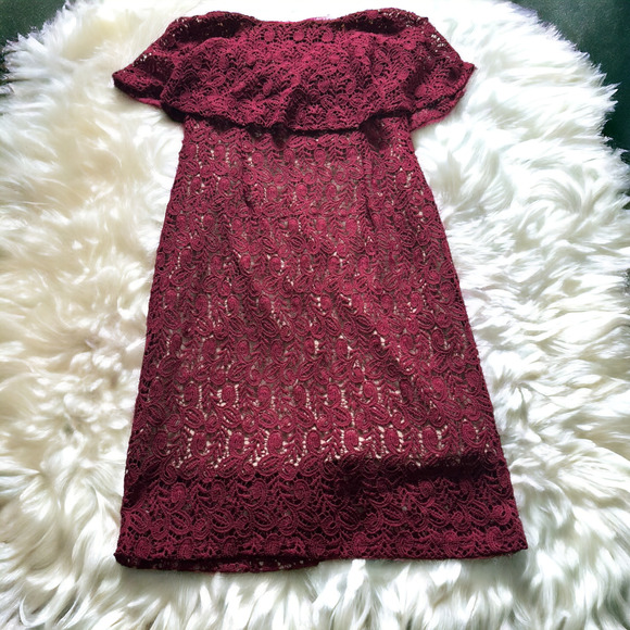 Moon River Strapless Ruffle Lace Dress in Burgundy Wine / Nude - Picture 3 of 8